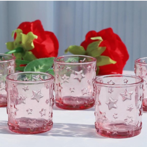 Set of 12 - Pink Stars Glass Votive & Tealight Candle Holders - Picture 1 of 11
